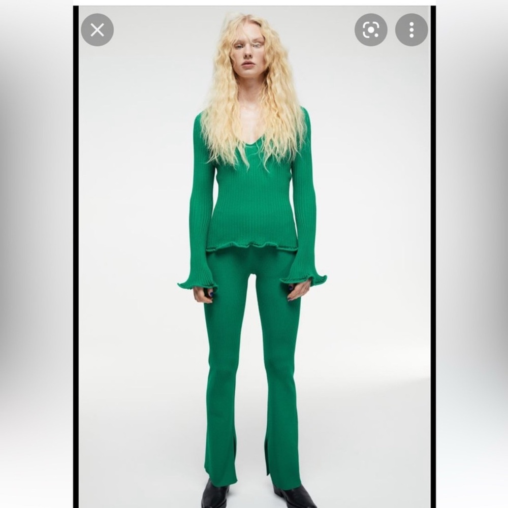 Green Ribbed Knit Flare Pants and V-Neck Sweater Set - Women